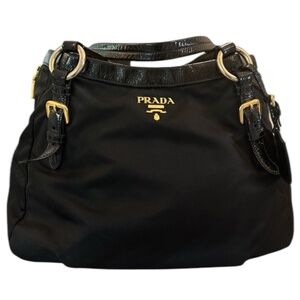PRADA Vintage Tessuto Nylon and Enamel Black Calfskin Tote